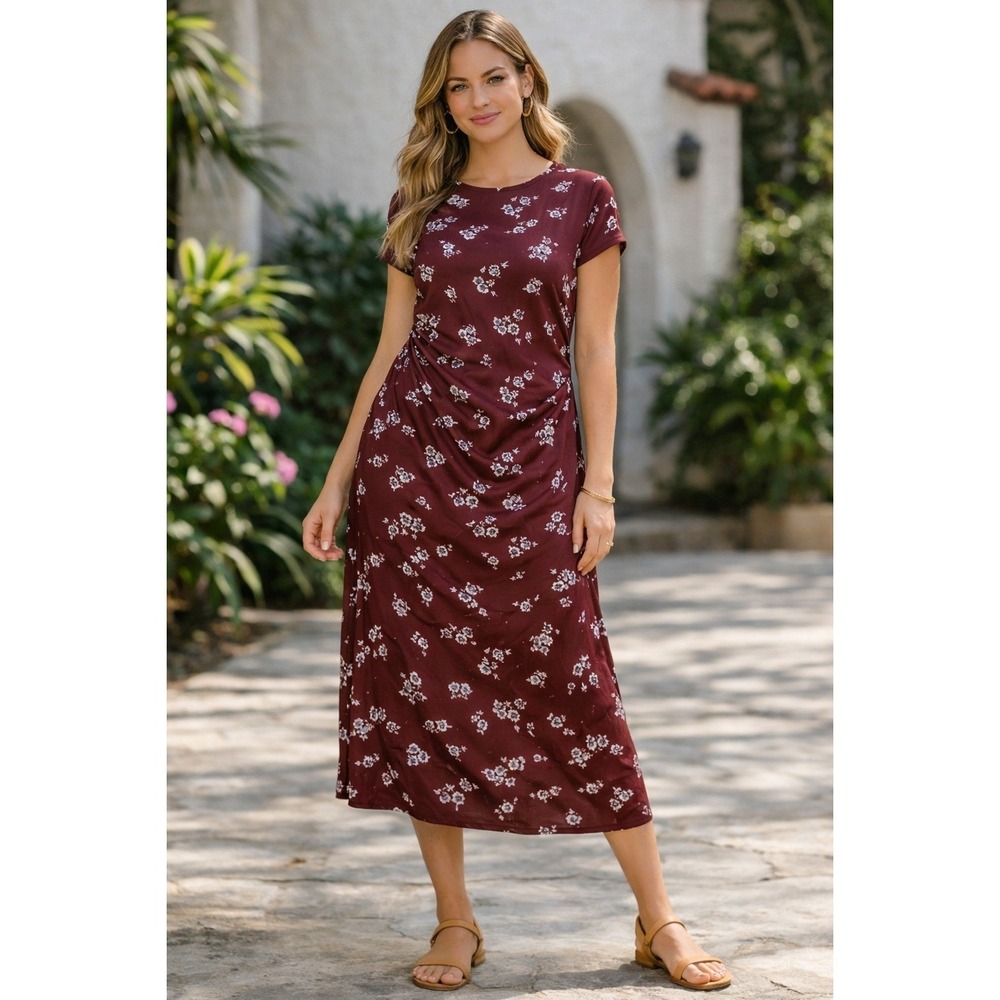 A New Day Dress Womens XL Red Floral Satin‎ Maxi Ruched Short Sleeve Crew Neck